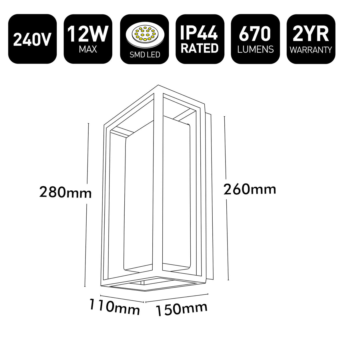 Brilliant Black Rectangle Bolton LED Exterior Wall Light