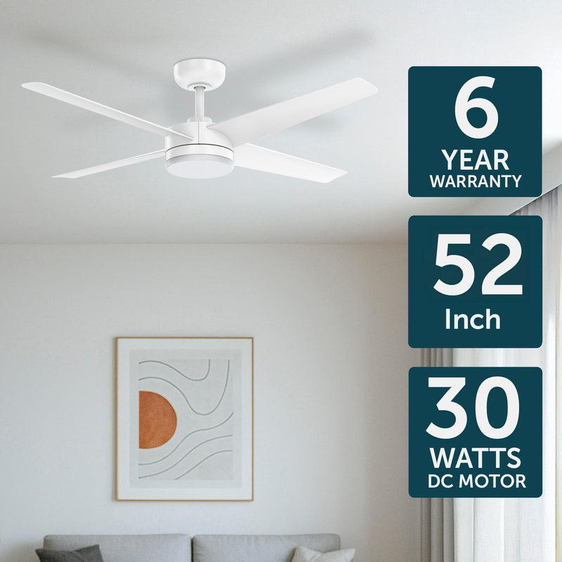Brilliant 132cm White Matt Grace 4 Blade DC Ceiling Fan With Remote And LED Light