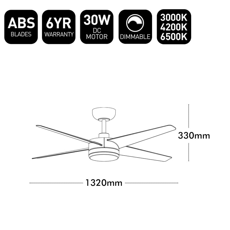 Brilliant 52" Black Matt Grace 4-Blade DC Ceiling Fan with Remote and LED Light