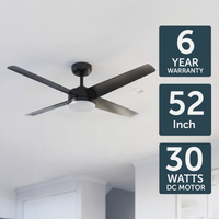Brilliant 52" Black Matt Grace 4-Blade DC Ceiling Fan with Remote and LED Light