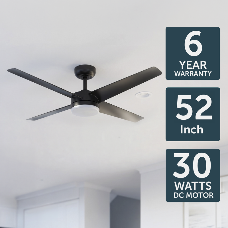 Brilliant 52" Black Matt Grace 4-Blade DC Ceiling Fan with Remote and LED Light