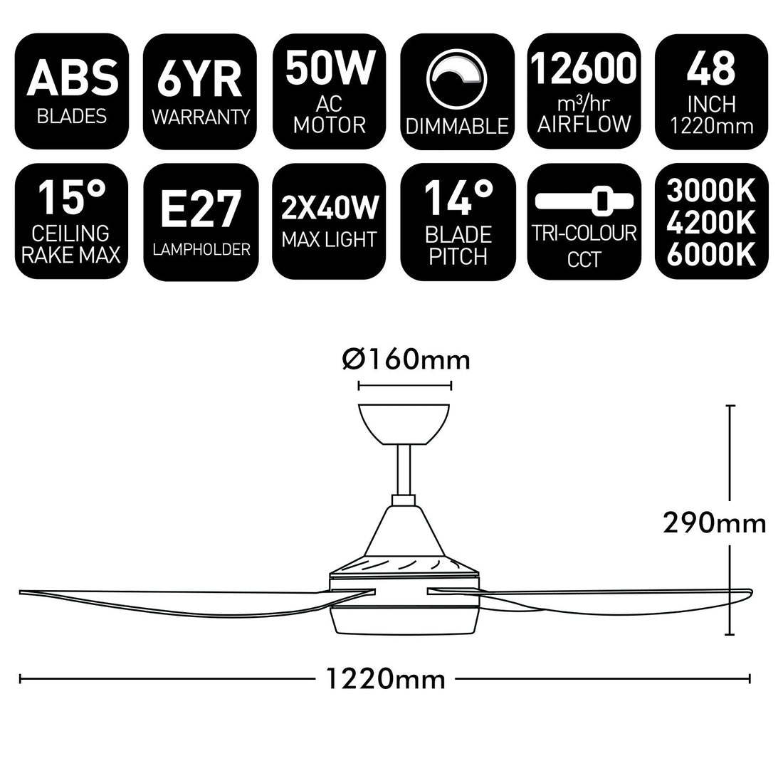 Vector Fan White Brilliant White Vector-II 48’’ AC Ceiling Fan with CCT LED Light