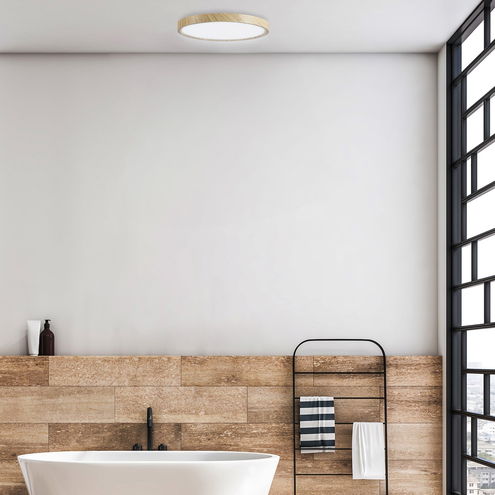 Brilliant Elba Light Wood LED Oyster Ceiling Light with Remote