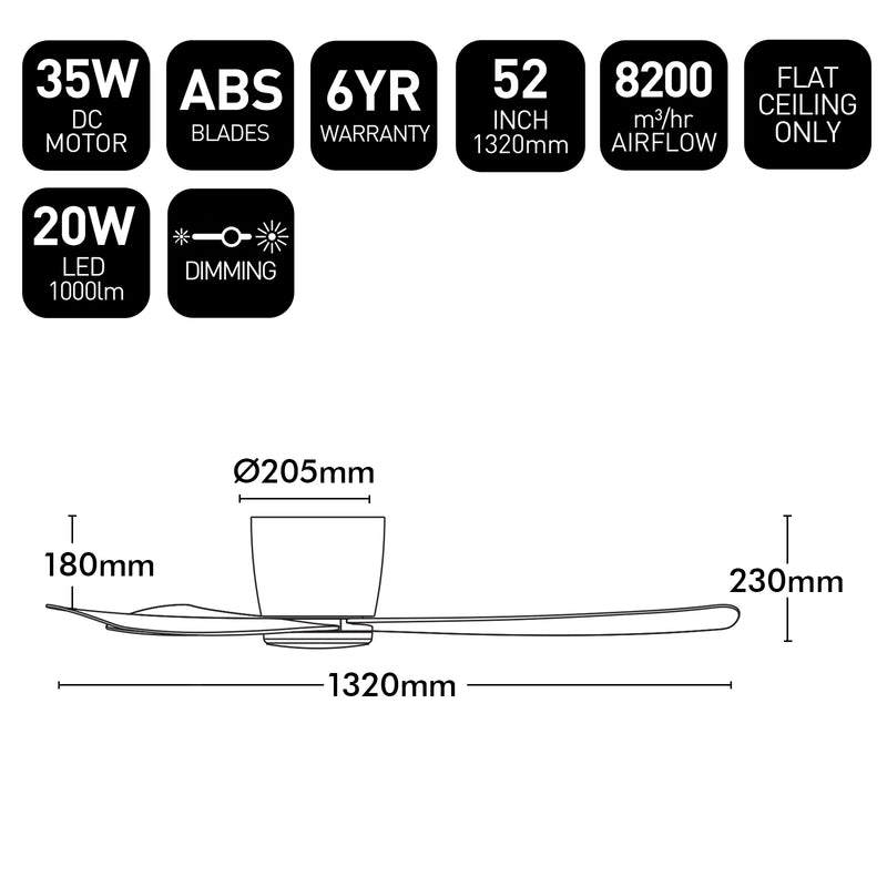 Brilliant 52" White Costa 3-Blade Low Profile DC Ceiling Fan with LED Light