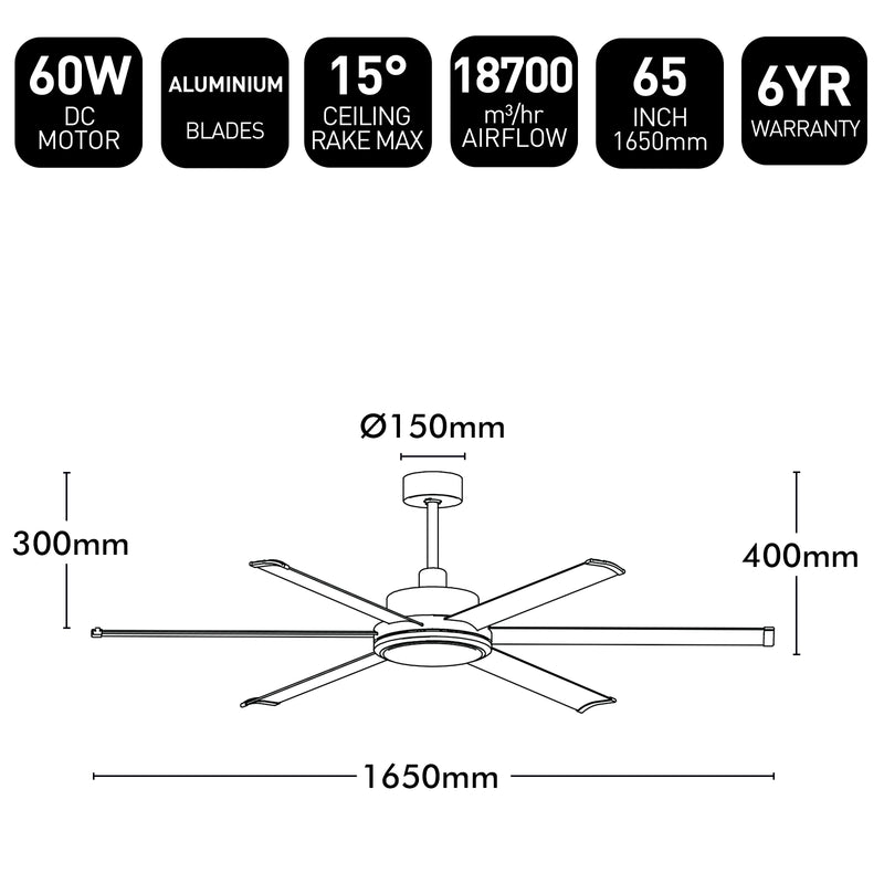 Brilliant 65" Black Colossus II 6-Blade DC Ceiling Fan