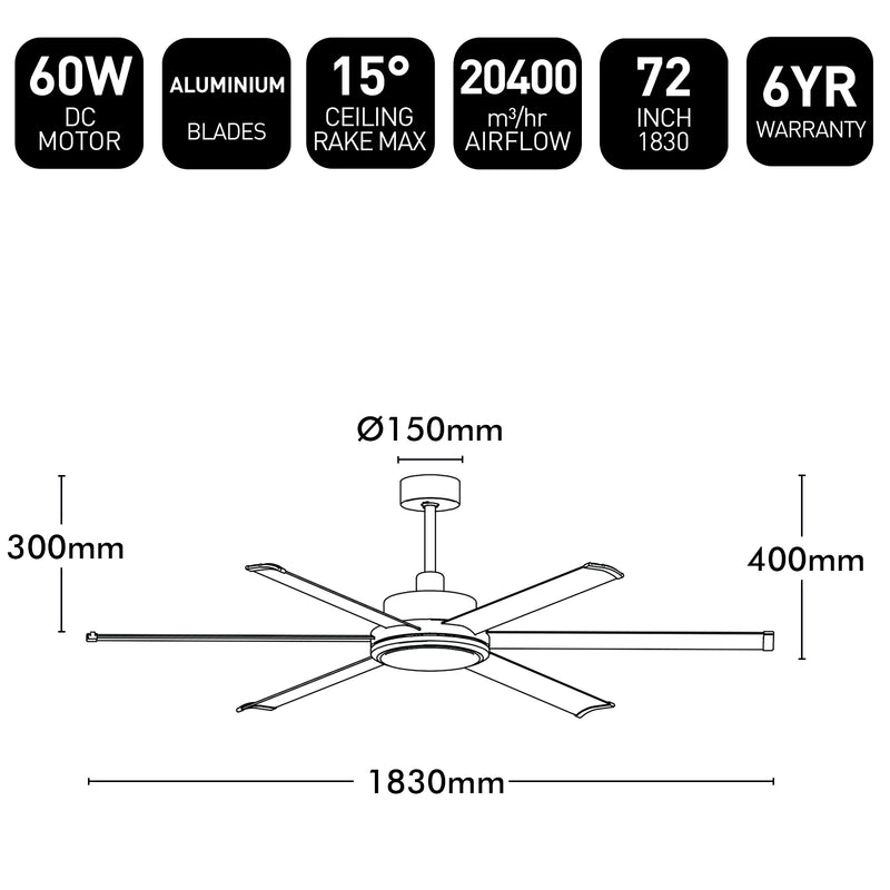 Brilliant 72" Satin Nickel Colossus II 6-Blade DC Ceiling Fan