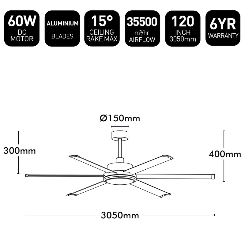 Brilliant 120" White Colossus II 6-Blade DC Ceiling Fan