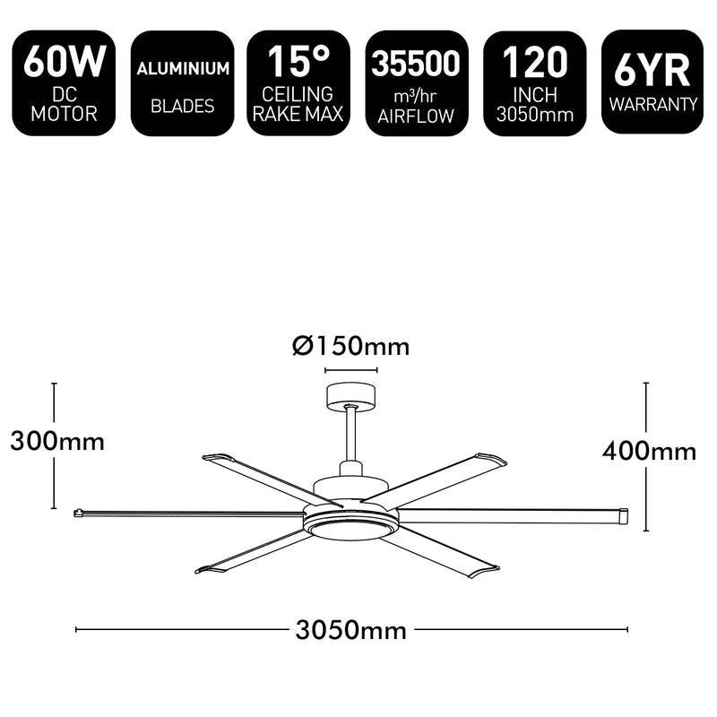 Brilliant 120" Black Colossus II 6-Blade DC Ceiling Fan
