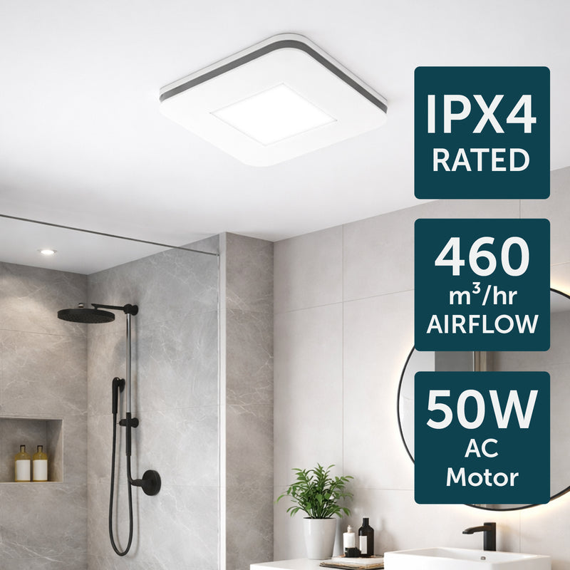 Brilliant White Sarico Promax Square 330mm AC Exhaust Fan with LED Light